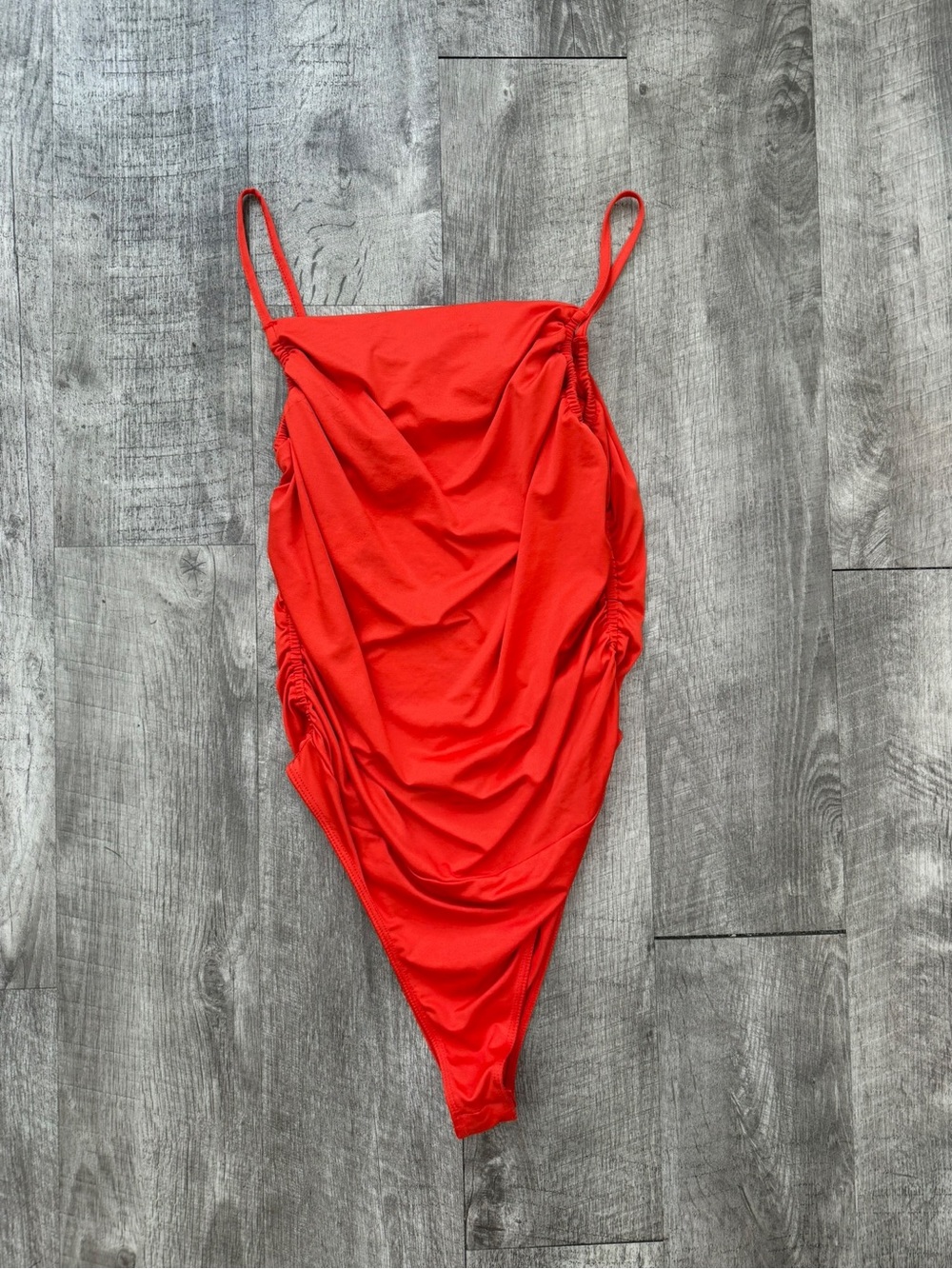 Ruched Red Women’s Swim Bodysuit with Thin Straps